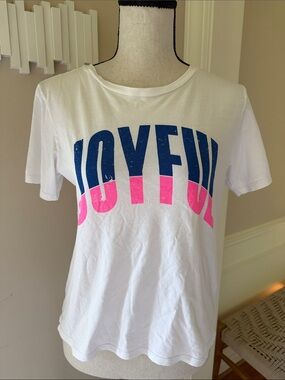 CHRLDR Joyful Graphic Tee White Pink Blue Cotton T-Shirt Women's XS